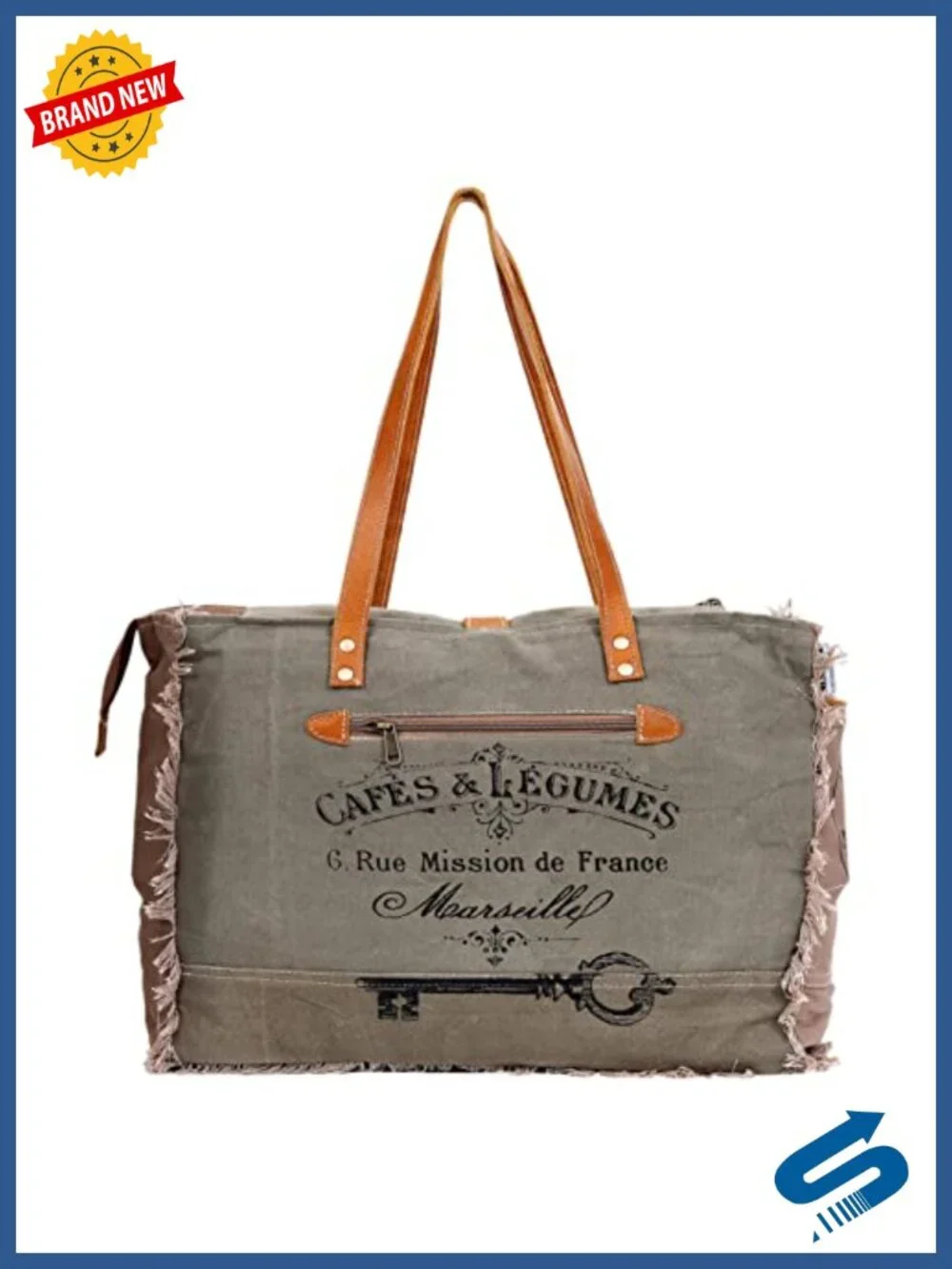 Canvas Handbag with Cowhide Leather Trim - Tote Bag for Women